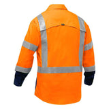 The PIP Bisley Long Sleeve Work Shirt w/X-Airflow 313M6491H by Protective Industrial Products is a bright orange shirt with reflective silver strips on the back, sleeves, and shoulders for maximum visibility. As an ANSI Class 3 shirt, it features a collar and dark blue lower sleeves, designed with X-Airflow Ventilation to enhance comfort.