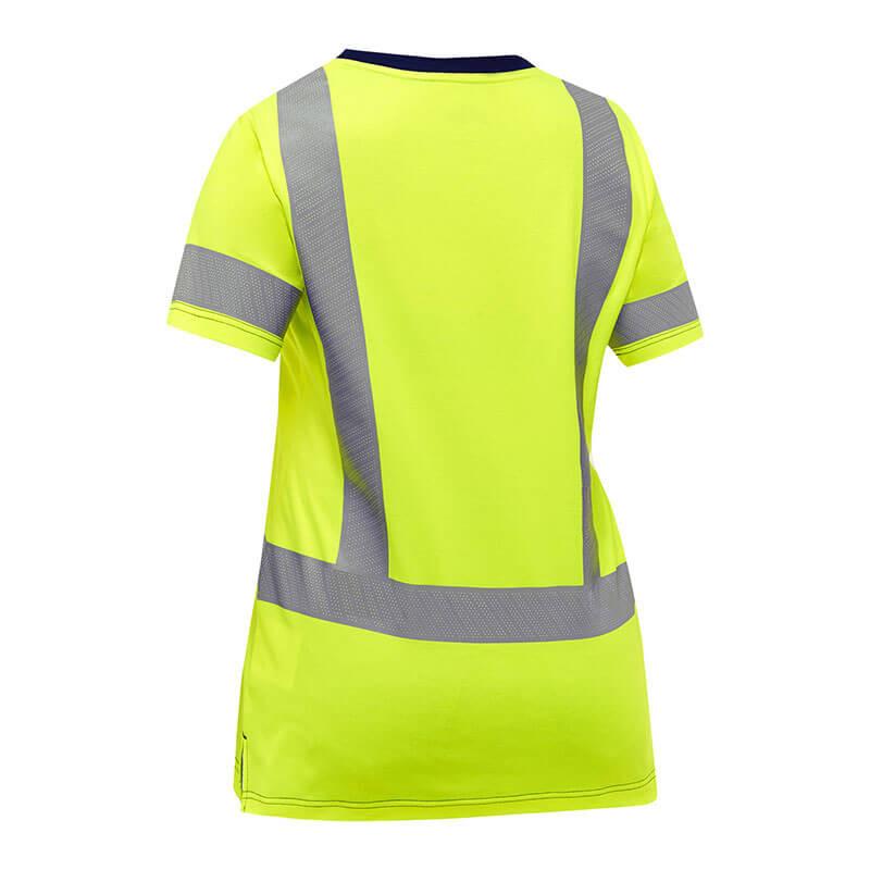 The PIP Bisley Women's Short Sleeve T-Shirt 313W1118H by Protective Industrial Products is a bright yellow safety shirt with short sleeves, featuring reflective gray stripes on the back and sleeves. It complies with ANSI Class 2 standards and is shown on a plain white background.