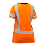 Introducing the PIP Bisley Women's Short Sleeve T-Shirt 313W1118H by Protective Industrial Products: This ANSI Class 2 hi-vis shirt features a vibrant orange color with reflective silver stripes on the back and sleeves. The black neckline adds a stylish flair while maintaining high visibility, making it an essential piece of women's safety apparel.