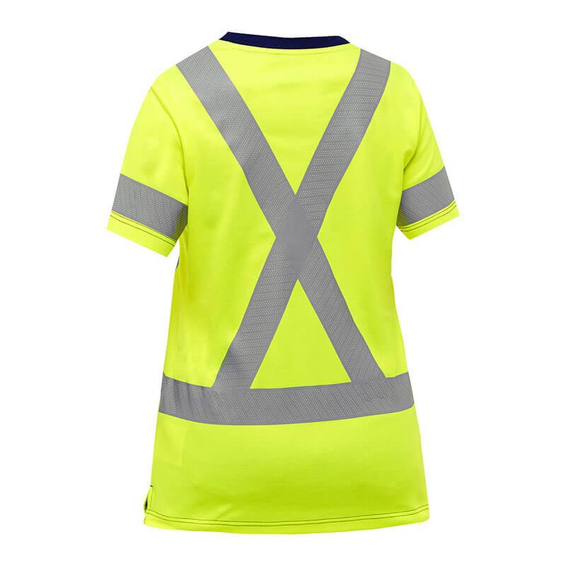 The PIP Bisley Women's X-Back Short Sleeve T-Shirt 313W1118X, from the brand Protective Industrial Products, is a vibrant yellow safety shirt featuring short sleeves and silver reflective strips that form an "X" on the back, along with a horizontal band around the waist. Designed for high visibility, it complies with ANSI/ISEA 107 Class 2 standards and includes Fresche antimicrobial treatment.