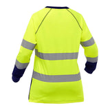 The PIP Bisley Women's Long Sleeve Shirt w/Navy Bottom 313W6118T, produced by PIP - Protective Industrial Products, is an ANSI Type R Class 3 certified high-visibility garment. It comes in a bright yellow color with two horizontal reflective gray stripes on the back, complemented by dark blue cuffs for a stylish finish. The shirt is showcased against a plain white background.