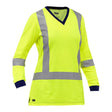 The PIP Bisley X-Back Women's Long Sleeve Shirt 313W6118X by Protective Industrial Products is a high-visibility yellow safety shirt featuring reflective silver stripes across the chest, arms, and back. It has a V-neck with dark blue trim at the neck and cuffs and meets ANSI Type R Class 3 standards for visibility in low-light conditions.