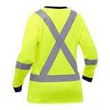 The PIP - Protective Industrial Products Bisley X-Back Women's Long Sleeve Shirt 313W6118X showcases high-visibility yellow fabric with reflective gray bands forming an X on the back, meeting CSA Z96 Class 2 standards. It also features dark-colored cuffs that enhance visibility in low-light conditions while adding a stylish element.