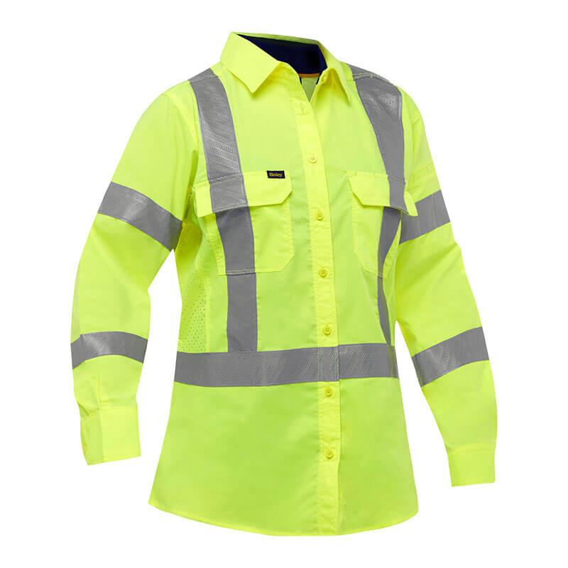 Introducing the PIP Bisley Women's Long Sleeve Work Shirt w/X-Airflow 313W6490X by Protective Industrial Products. This high-visibility yellow shirt is designed with reflective silver tape, a collar, button-down front, and two chest pockets to enhance safety and visibility in low-light environments.