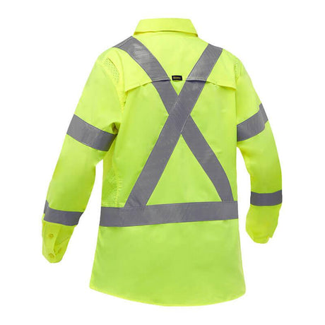 The PIP Bisley Women's Long Sleeve Work Shirt w/X-Airflow 313W6490X by Protective Industrial Products is a high visibility neon yellow safety jacket featuring gray reflective tape in an X pattern on the back and bands around the arms. Designed with long sleeves and a collar, it ensures both safety and style.