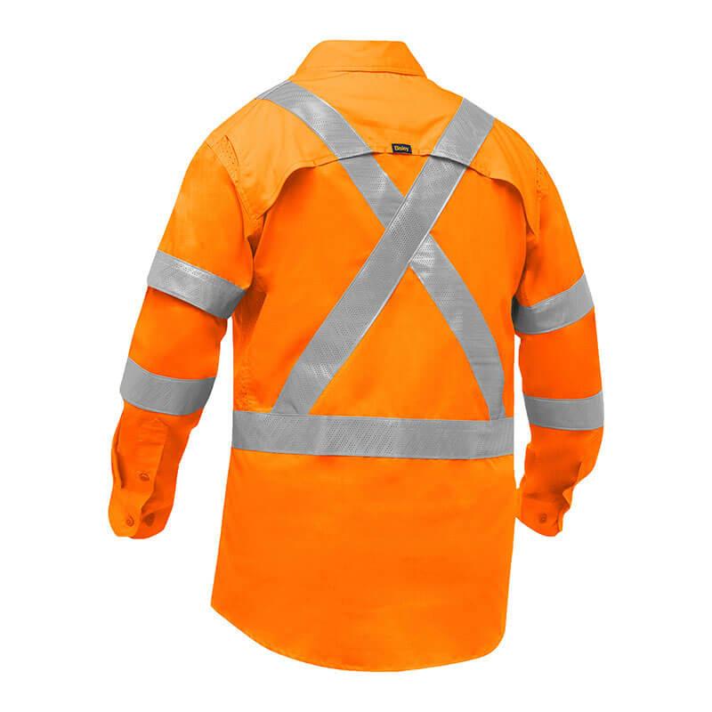 The PIP Bisley Women's Long Sleeve Work Shirt w/X-Airflow 313W6490X by Protective Industrial Products is an orange safety shirt with reflective tape in an X pattern on the back, designed for high visibility.