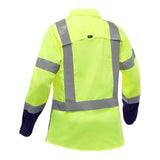 The PIP Bisley Women's Long Sleeve Work Shirt with X-Airflow 313W6491H by Protective Industrial Products is crafted in high-visibility bright yellow fabric and features reflective gray stripes across the back, shoulders, and arms. It includes X-Airflow ventilation for enhanced comfort, along with darker-colored cuffs and a collared neckline.