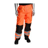 A mannequin displays high-visibility workwear from PIP - Protective Industrial Products, featuring the PIP ANSI 107 Class E Ripstop Reinforced Overpant 318-1771 in vibrant orange with black knee patches and reflective bands. The practical design includes pockets for enhanced functionality, complemented by sturdy black shoes.