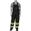 A mannequin dressed in PIP Ripstop Insulated Two Tone Bib Overalls 318-1780 by Protective Industrial Products, featuring Hi-Vis yellow stripes on the legs and a front pocket, and paired with a gray T-shirt showcases Class 3 apparel. The overalls stand out against the plain white background.