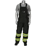 A mannequin dressed in PIP Ripstop Insulated Two Tone Bib Overalls 318-1780 by Protective Industrial Products, featuring Hi-Vis yellow stripes on the legs and a front pocket, and paired with a gray T-shirt showcases Class 3 apparel. The overalls stand out against the plain white background.