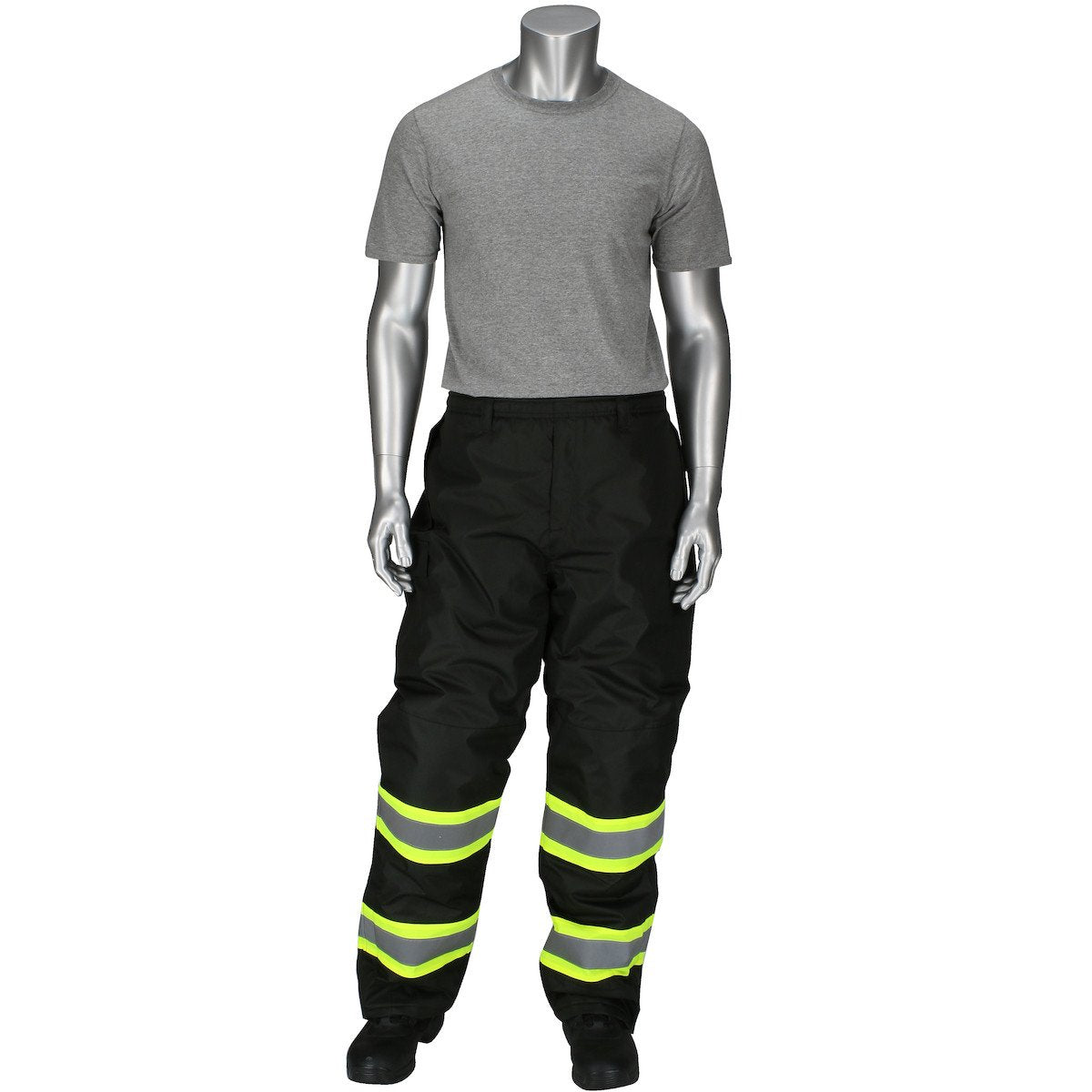 A mannequin donning the PIP Ripstop Insulated Two Tone Bib Overalls 318-1780 in a sophisticated gray and black combination, accented with Hi-Vis Yellow reflective stripes near the bottom, stands poised against a plain white background. The faceless figure maintains a neutral stance, effectively showcasing the functionality and design of PIP - Protective Industrial Products' Class 3 apparel.