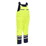 Introducing the PIP Bisley ANSI Class E Extreme Cold Bib Overall 318M6452T from Protective Industrial Products. These bright yellow overalls feature waterproof insulation and adjustable straps, with navy accents and reflective bands around the legs. Designed for visibility and protection in extreme cold, they are perfect for outdoor work environments.