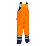 Introducing the PIP Bisley ANSI Class E Extreme Cold Bib Overall 318M6452T by Protective Industrial Products. These bright orange bib overalls come with black shoulder straps and reflective silver stripes around the lower legs. They are designed with black knee sections, waterproof insulation, and an elastic waistband for comfort, offering excellent protection in extreme cold conditions.