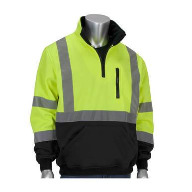 A mannequin showcases the PIP Zip Pullover Black Bottom Sweatshirt 323-1330B-LY, a stylish high-visibility yellow and black jacket by Protective Industrial Products. Designed to meet ANSI Type R Class 3 standards, this jacket features reflective silver stripes, a high collar, a front zip pocket, and long sleeves for optimal protection.