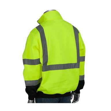 A mannequin is adorned with a PIP Zip Pullover Black Bottom Sweatshirt 323-1330B-LY from Protective Industrial Products, featuring high-visibility yellow material and reflective silver stripes on the sleeves, shoulders, and back, meeting ANSI Type R Class 3 standards.