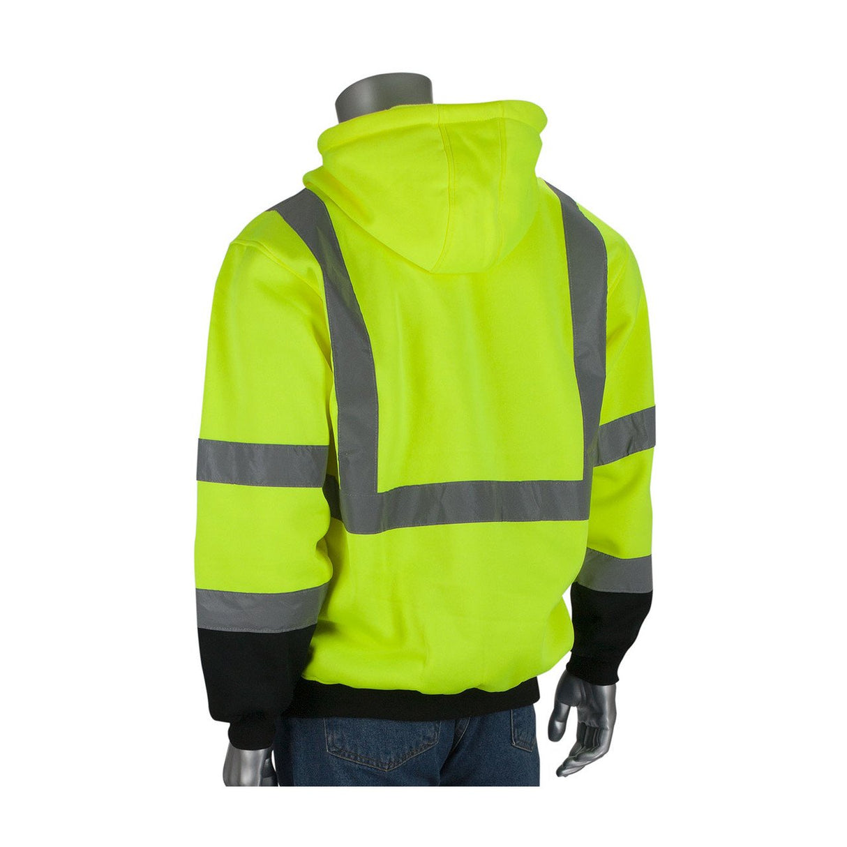 The mannequin showcases the PIP Hooded Pullover Sweatshirt w/Black Bottom 323-1350B, a high-visibility safety hoodie from Protective Industrial Products. It features a bright yellow color with reflective gray stripes on the back and arms, while the black cuffs and waistband offer a contrasting touch. Its ANSI Class 3 rating enhances safety, and when viewed from afar, it highlights the functional design of the garment's back.