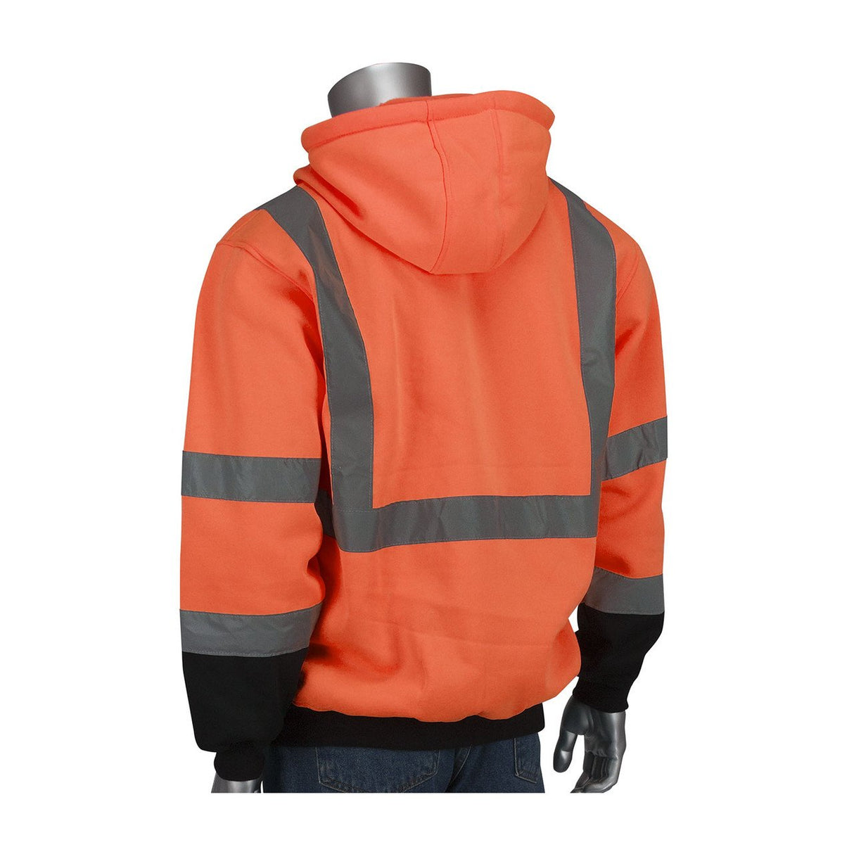 The mannequin showcases the PIP Hooded Pullover Sweatshirt w/Black Bottom 323-1350B, a high visibility orange garment from PIP - Protective Industrial Products. It is enhanced with reflective tape and features silver stripes on the back and sleeves. The sweatshirt includes a black hem at the cuffs and waist, paired with blue jeans, making it ideal for meeting ANSI Class 3 standards.