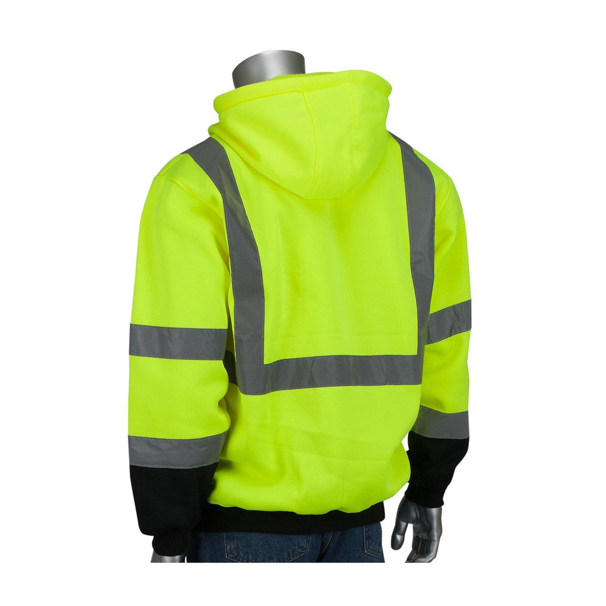 A mannequin is displaying a PIP Full Zip Hooded Sweatshirt w/Black Bottom 323-1370B in Hi-Vis Yellow, featuring ANSI Type R Class 3 reflective tape on the back and arms. The sweatshirt comes with a hood, and the mannequin is turned away from the camera, emphasizing its eye-catching back design.