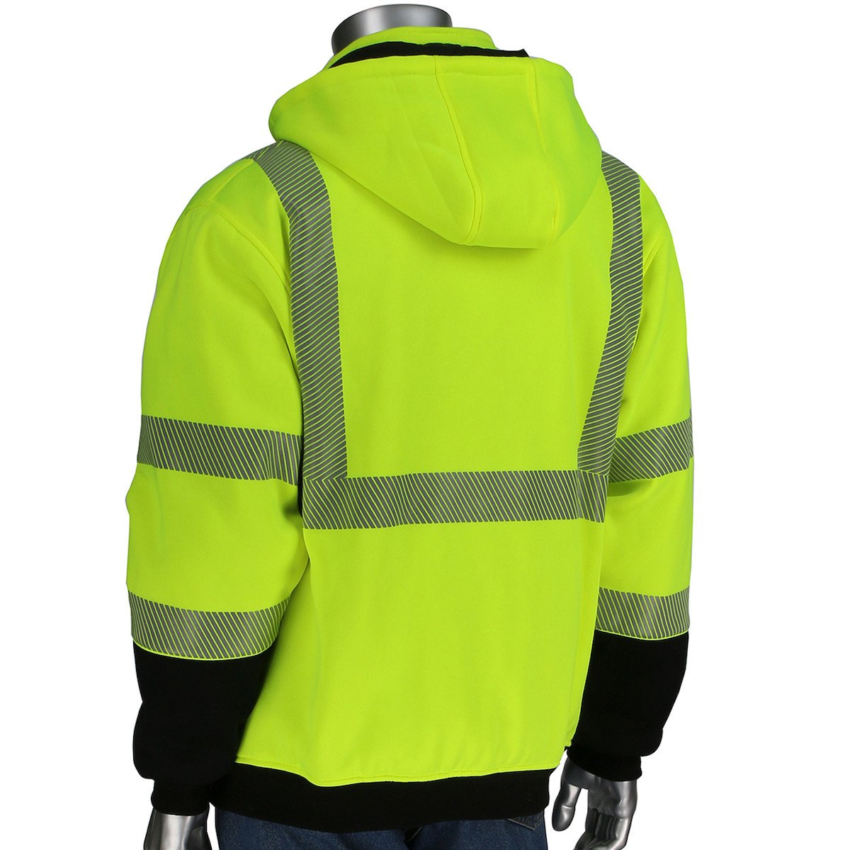 A mannequin is shown from the back wearing a PIP Reversible Zip Hooded Sweatshirt w/Black Bottom 323-1400S-LY, a bright yellow reflective safety hoodie by PIP - Protective Industrial Products. This ANSI Type R Class 3 garment features high visibility with black accents and both horizontal and vertical reflective strips to enhance safety.