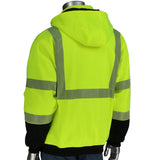 A mannequin is shown from the back wearing a PIP Reversible Zip Hooded Sweatshirt w/Black Bottom 323-1400S-LY, a bright yellow reflective safety hoodie by PIP - Protective Industrial Products. This ANSI Type R Class 3 garment features high visibility with black accents and both horizontal and vertical reflective strips to enhance safety.