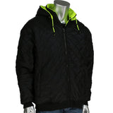 The PIP Reversible Zip Hooded Sweatshirt w/Black Bottom 323-1400S-LY by Protective Industrial Products, featuring a quilted black design with a neon green hood and zipper front, is showcased on a silver mannequin torso against a plain white background, providing both style and high visibility.