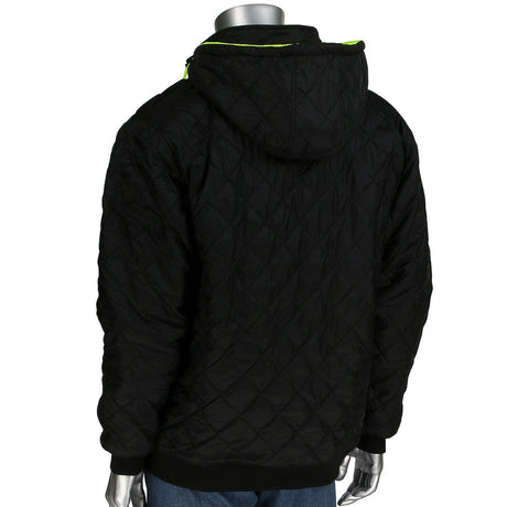 A mannequin showcases the PIP Reversible Zip Hooded Sweatshirt w/Black Bottom 323-1400S-LY by PIP - Protective Industrial Products, featuring a black quilted design with a hood and vibrant green lining, reminiscent of high-visibility gear. The backdrop is plain, highlighting the sweatshirt's diamond pattern elegantly paired with blue jeans. The view is from the back.