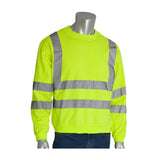 A mannequin showcasing the PIP ANSI Type R Class 3 Crew Neck Sweatshirt 323-CNSSE by Protective Industrial Products, featuring a bright yellow hi-visibility design with reflective tape across the chest, sleeves, and waist, worn over blue jeans and isolated on a white background.