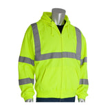 The PIP ANSI Type R Class 3 Hooded Sweatshirt 323-HSSE from Protective Industrial Products, featuring a lime green color with gray reflective stripes, is showcased on a mannequin. This garment includes a zipper front and pockets while complying with ANSI Type R Class 3 standards.