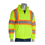 The mannequin displays the PIP ANSI Type R Class 3 Two-Tone Hoodie 323-HSSP, a hi-visibility garment from Protective Industrial Products. This bright yellow hoodie features orange and gray reflective stripes, is made of polyester fleece, and includes a zipper front, pockets, and a hood, all set against a plain white background.