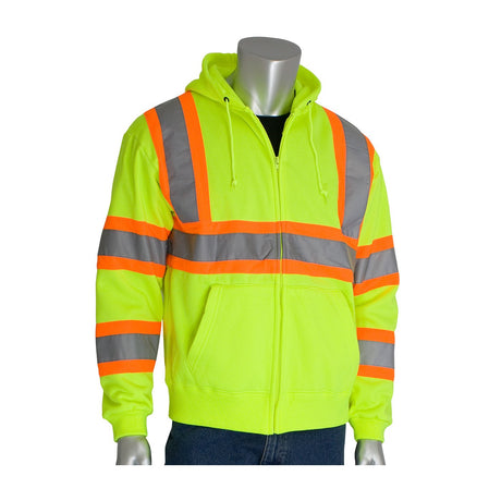 The mannequin displays the PIP ANSI Type R Class 3 Two-Tone Hoodie 323-HSSP, a hi-visibility garment from Protective Industrial Products. This bright yellow hoodie features orange and gray reflective stripes, is made of polyester fleece, and includes a zipper front, pockets, and a hood, all set against a plain white background.