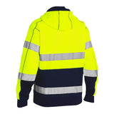 The PIP Bisley Full Zip Hooded Sweatshirt with Sherpa Lining 323M6988T by Protective Industrial Products is a high-visibility jacket in bright yellow and navy blue. It features reflective silver stripes across the back and sleeves, enhancing safety and visibility. This ANSI Type R Class 3 garment is presented against a plain white background, ensuring you're seen even in low-light conditions.