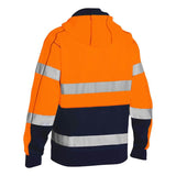 The PIP Bisley Full Zip Hooded Sweatshirt with Sherpa Lining 323M6988T by PIP - Protective Industrial Products showcases a high-visibility design from the back, featuring bright orange fabric with reflective silver stripes across the sleeves and body. The bottom portion is navy blue and includes a hood and long sleeves. This ANSI Type R Class 3 hoodie merges style with safety for maximum visibility.