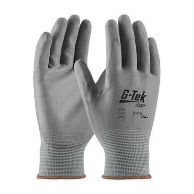 A pair of PIP G-Tek GP Nylon Polyurethane Coated Gloves 33-G125, crafted for exceptional dexterity and abrasion resistance, showcasing a textured grip on the palms and fingers. Displayed upright, one glove reveals its palm while the other shows its back. They feature a seamless knit wrist cuff in light gray from Protective Industrial Products (PIP).