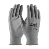 A pair of PIP G-Tek GP Nylon Polyurethane Coated Gloves 33-G125, crafted for exceptional dexterity and abrasion resistance, showcasing a textured grip on the palms and fingers. Displayed upright, one glove reveals its palm while the other shows its back. They feature a seamless knit wrist cuff in light gray from Protective Industrial Products (PIP).