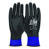 A pair of PIP G-Tek VR-X Nylon Gloves (model 33-VRX180) in black, with distinctive blue cuffs and touchscreen-compatible fingertips. These gloves, from the brand Protective Industrial Products (PIP), showcase logos and safety certifications on the back. Displayed upright, they offer both front and back views.