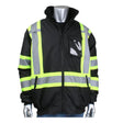 A winter workwear staple, the PIP ANSI Type O Class 1 Value Two-Tone Bomber Jacket 331-1745 from PIP - Protective Industrial Products features neon yellow fabric with reflective silver stripes. This jacket includes a convenient front zipper, black accents, multiple pockets, and a transparent ID pocket on the chest, all shown elegantly on a mannequin.