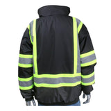 The PIP ANSI Type O Class 1 Value Two-Tone Bomber Jacket 331-1745 by Protective Industrial Products, featuring a black and gray waterproof design with neon yellow reflective stripes on the back and sleeves, displayed on a mannequin against a plain white background, is an ideal choice for high visibility winter workwear.