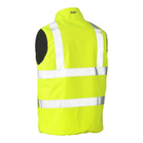 The PIP Bisley ANSI Type R Class 2 Reversible Puffer Vest 332M0330H by Protective Industrial Products is a neon yellow high-visibility vest, featuring reflective tape and silver strips on the back. This sleeveless design includes a stand-up collar for enhanced comfort and safety.