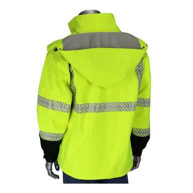 Displayed on a mannequin is the PIP Ripstop Softshell Black Bottom Jacket 333-1550 from Protective Industrial Products. This bright yellow, waterproof jacket features reflective tape on the back, arms, and shoulders for high visibility. Its design includes a hood and black cuffs that provide both style and functionality.