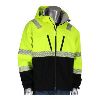 A mannequin displays the PIP Ripstop Softshell Black Bottom Jacket 333-1550, a high-visibility waterproof jacket from PIP - Protective Industrial Products. It features a bright yellow top half with a black lower half and includes reflective tape on the chest, sleeves, and hood. For added practicality, the jacket is equipped with two zippered chest pockets.