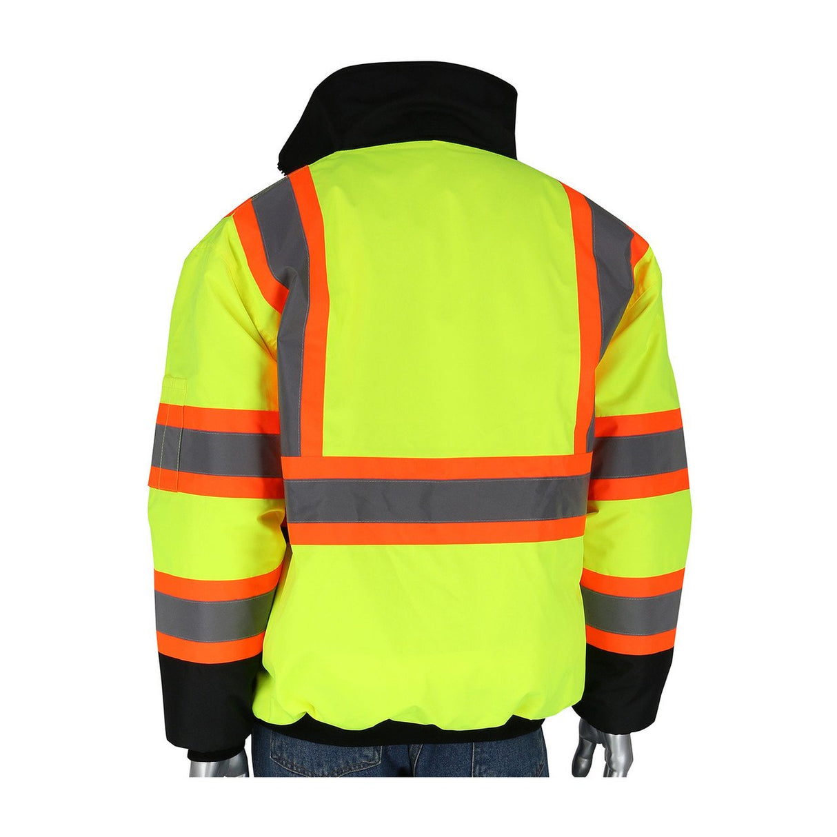 A mannequin showcases the PIP Value Two-Tone, Black Bottom Bomber Jacket 333-1745 by PIP - Protective Industrial Products, highlighting its fluorescent yellow fabric with orange and silver reflective tape and a black collar. The jacket is displayed from the back to emphasize its reflective design.