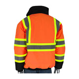 A back view of the PIP Value Two-Tone, Black Bottom Bomber Jacket 333-1745 by Protective Industrial Products features its fluorescent orange fabric adorned with reflective tape in yellow and gray stripes, elegantly draped over a mannequin.