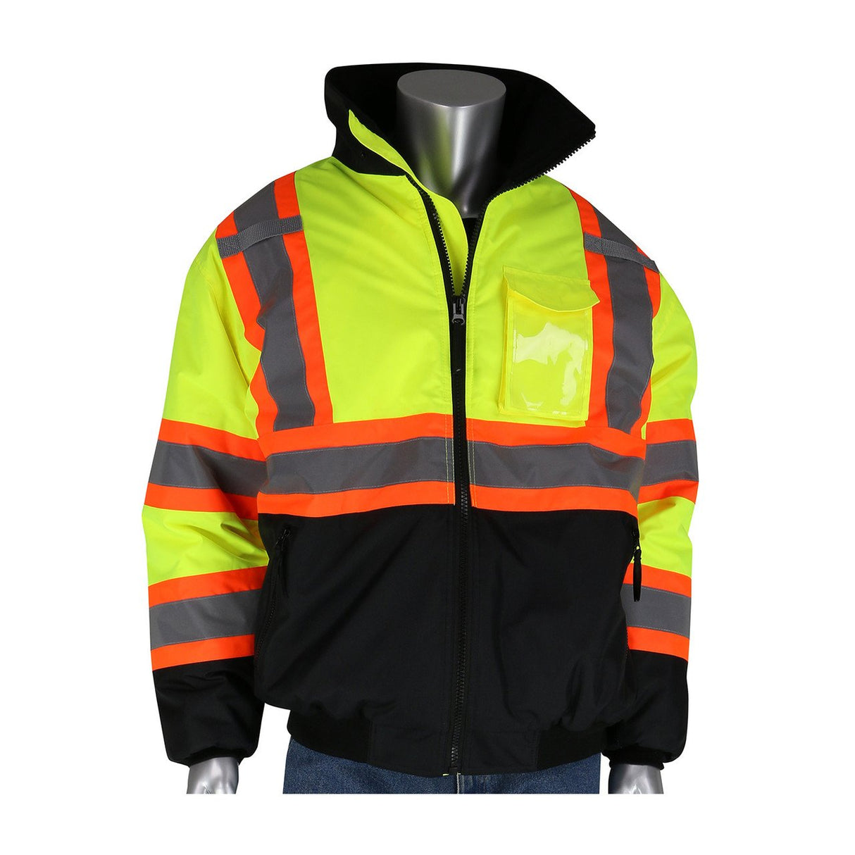 The PIP CSA Z96 Two-Tone X-Back, Black Bottom Bomber Jacket 333-1745X from PIP - Protective Industrial Products is showcased on a mannequin. This Hi-Vis jacket features neon yellow fabric with reflective orange and gray stripes, a black lower section, and a front zipper. Its reflective tape significantly enhances visibility to ensure added safety.