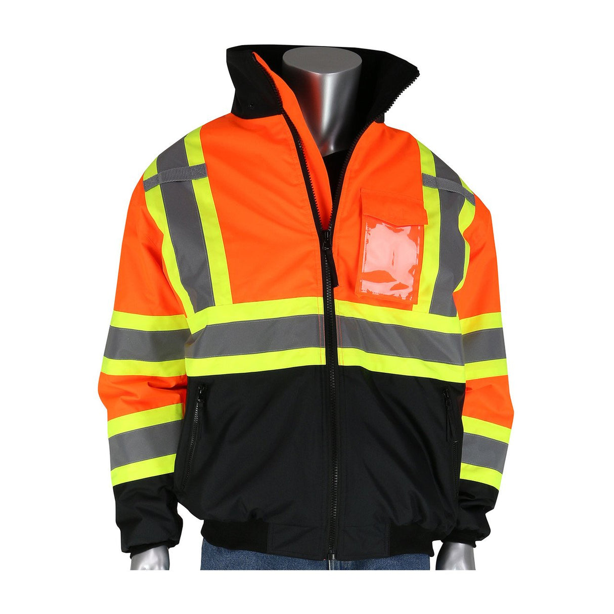 A mannequin is exhibiting the PIP CSA Z96 Two-Tone X-Back, Black Bottom Bomber Jacket 333-1745X from PIP - Protective Industrial Products. The jacket boasts bright orange and black sections, highlighted by reflective yellow and gray stripes for enhanced visibility. Additionally, it includes a clear plastic pocket on the chest to ensure both practicality and visibility.