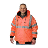 A person wearing a PIP Bomber Jacket with Zip-Out Fleece Liner 333-1762, featuring its durable design and reflective silver stripes for high visibility, smiles at the camera.