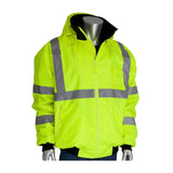 A mannequin showcases the PIP Bomber Jacket with Zip-Out Fleece Liner 333-1762 by Protective Industrial Products. This durable jacket is designed in bright yellow with silver reflective stripes, providing both waterproof protection and high visibility. It includes a convenient front zipper and a hood to ensure safety and functionality.