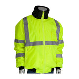 The PIP Bomber Jacket with Zip-Out Fleece Liner 333-1762 by Protective Industrial Products is a bright yellow high visibility jacket featuring reflective silver strips on the front, sleeves, and back. Designed for safety and visibility in low-light conditions, it includes a high black collar and elastic cuffs to ensure you stay seen and protected.