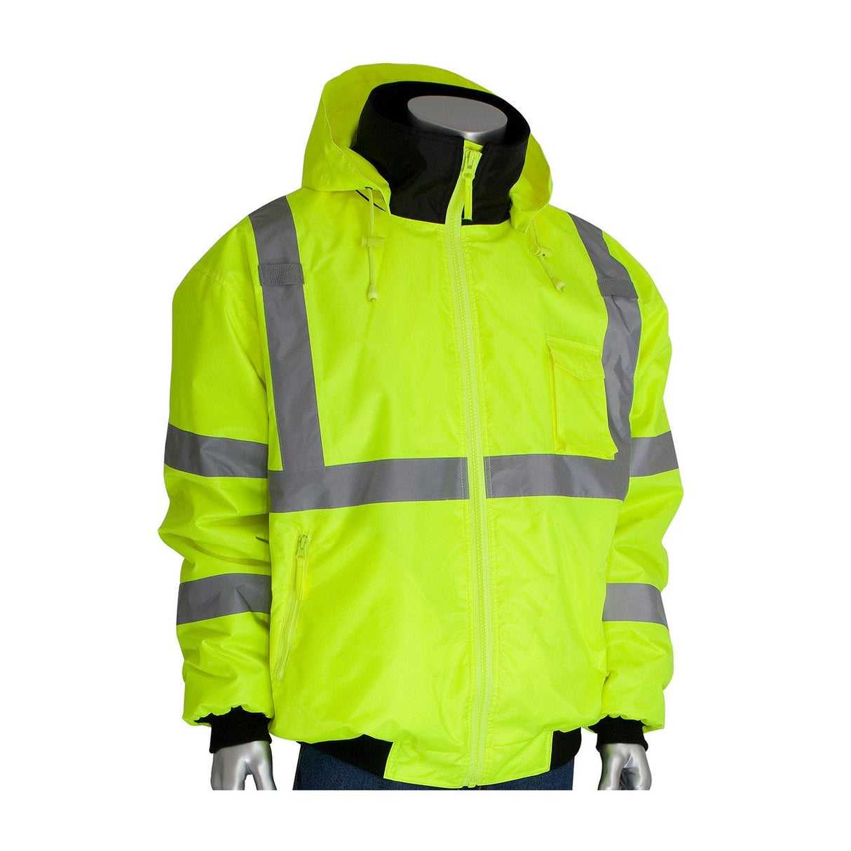 A durable PIP Bomber Jacket with Zip-Out Fleece Liner (model 333-1762) by Protective Industrial Products, available in neon yellow with reflective gray stripes. It features a front zipper and an attached hood with drawstrings. This waterproof jacket is designed for safety and includes visible pockets, displayed on a mannequin against a plain white background.