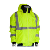 A durable PIP Bomber Jacket with Zip-Out Fleece Liner (model 333-1762) by Protective Industrial Products, available in neon yellow with reflective gray stripes. It features a front zipper and an attached hood with drawstrings. This waterproof jacket is designed for safety and includes visible pockets, displayed on a mannequin against a plain white background.