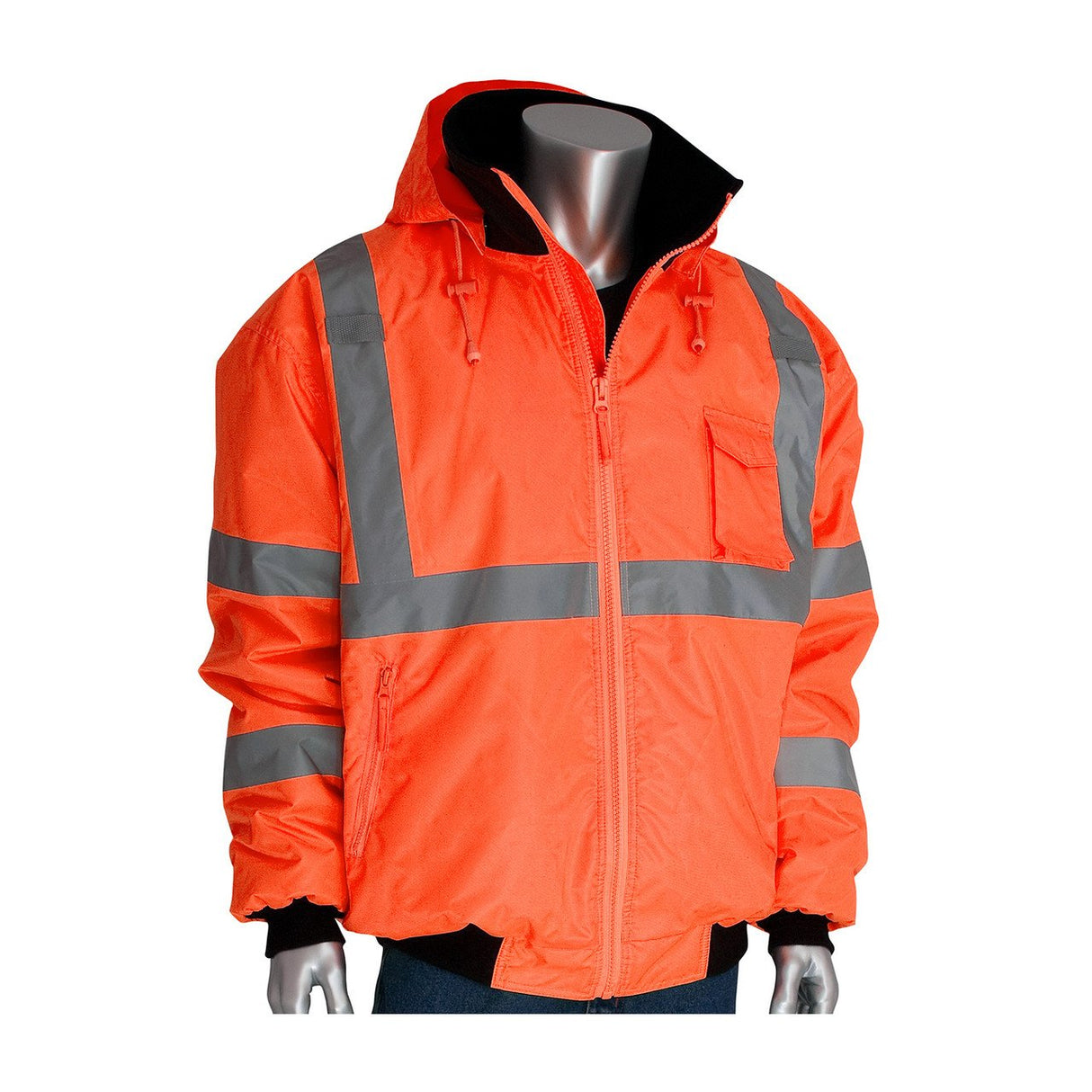 The PIP Bomber Jacket with Zip-Out Fleece Liner 333-1762 by Protective Industrial Products is shown on a mannequin against a white background. This bright orange high visibility jacket features reflective silver stripes on the sleeves and chest, a hood, and a durable front zipper. It is designed to be waterproof for enhanced safety.